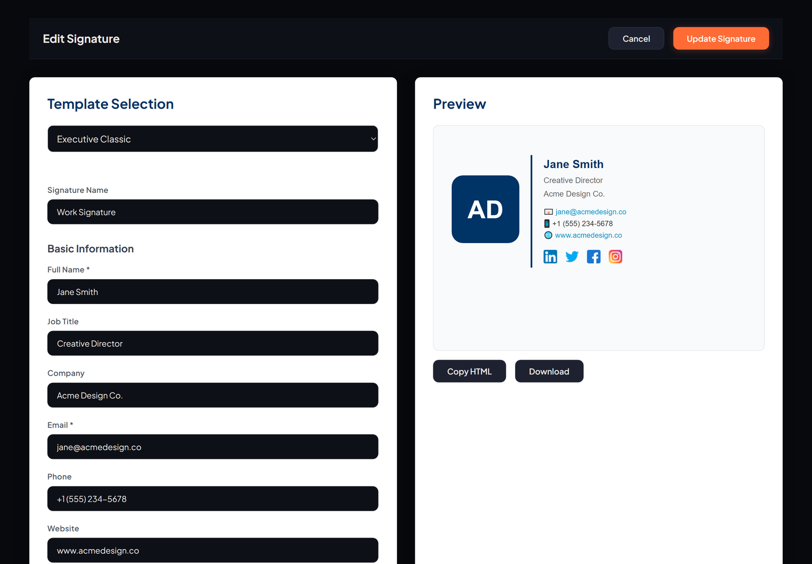The Signelli editor — signature details on the left, live preview of the finished signature on the right