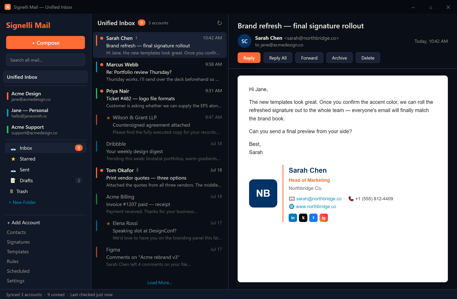 Signelli Mail desktop app — unified inbox across three accounts with a signature-rich email open in the reading pane