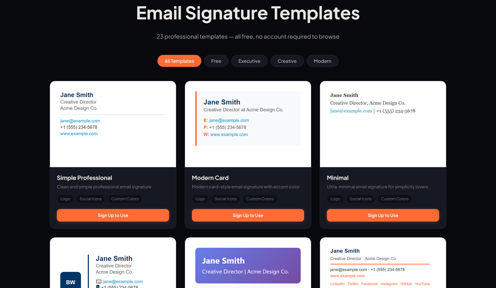 The Signelli template gallery showing live previews of professional signature designs